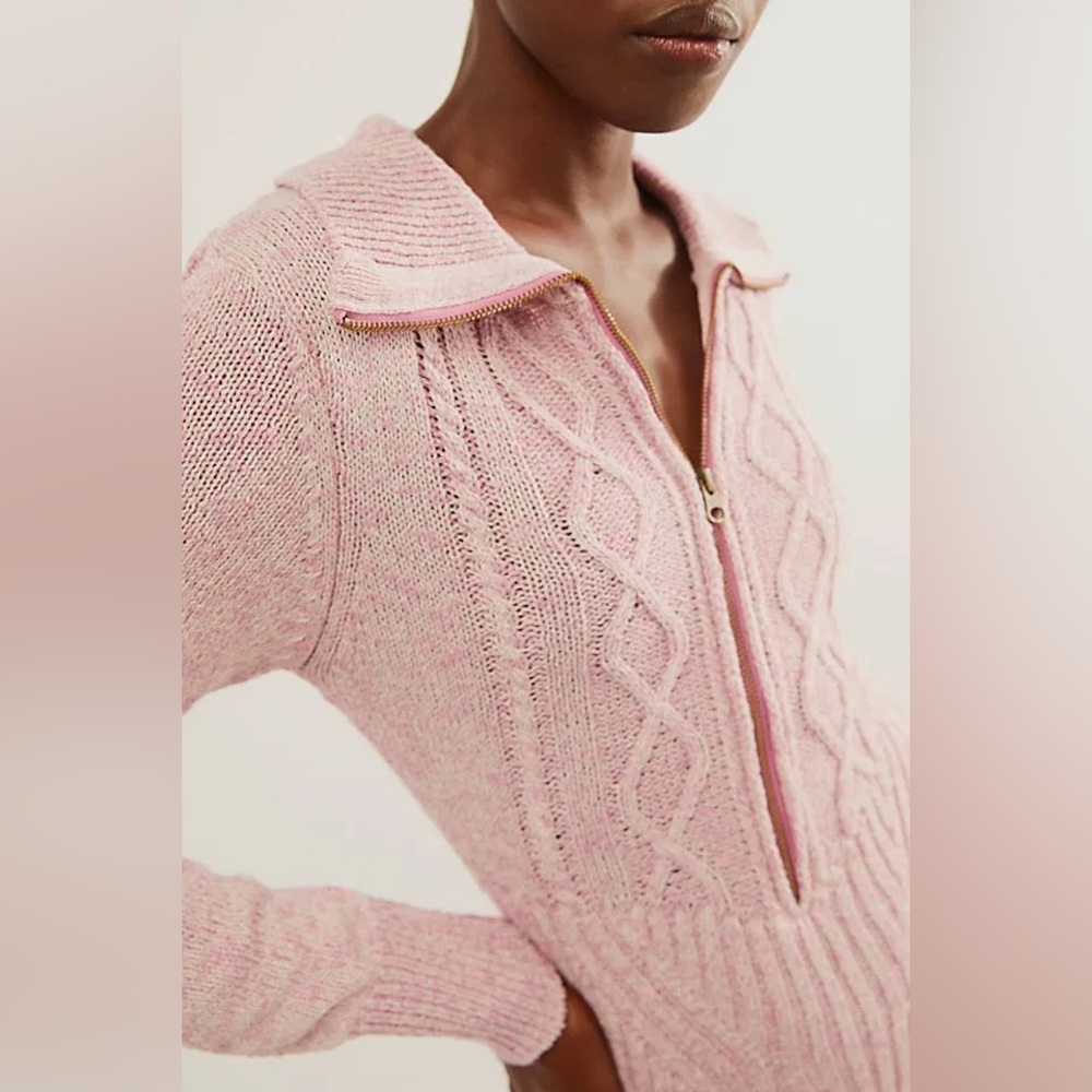 Free People Mont Blanc Pink Knit Sweater Dress Size Large Zip Up - Picture 2 of 8